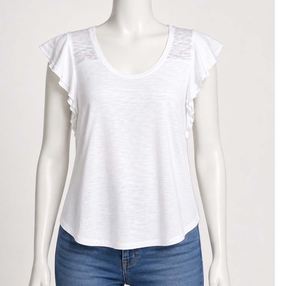 Gap Women White Ruffle Cap Sleeve Slub Knit Scoop Neck Top Medium